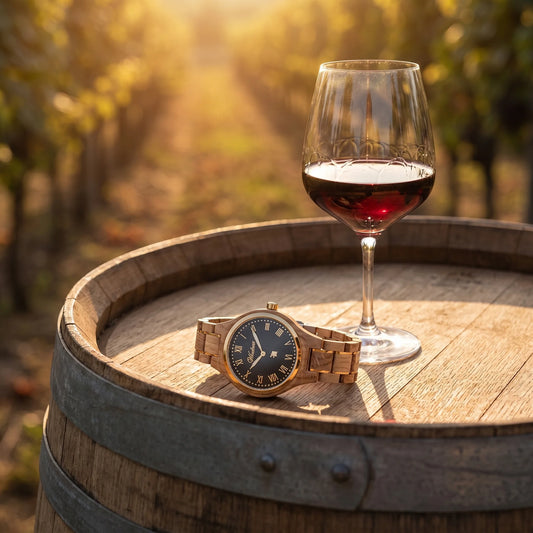 Dámske drevené hodinky Barrique Wine Noir – lifestylová fotografia pri kryštálovom pohári vína na dubovom sude