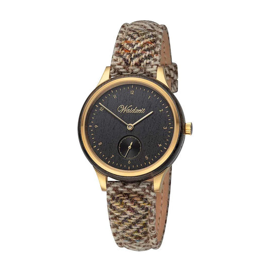 Dámske drevené hodinky Waidzeit Mystik Tweed z močiarného dubu a zlatej ocele – elegantné hodinky s príbehom starých dubových kmeňov