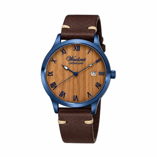 Hodinky Waidzeit Grönland Navy Blue – drevený ciferník s rímskymi číslicami a modré puzdro