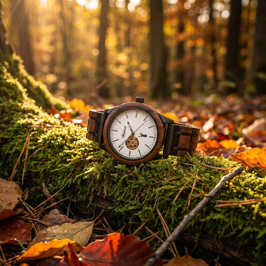 Pánske drevené automatické hodinky GAMSKAR – lifestylová fotografia na machom porastenom kmeňi obklopenom jesenným lístím