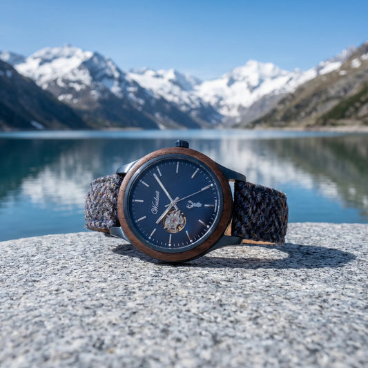 Pánske drevené automatické hodinky Mountain lake Tweed – lifestylová fotografia pri alpskom jazere so zasneženými vrcholmi v pozadí