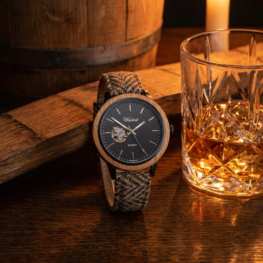 Pánske drevené automatické hodinky Whisky Bourbon tvídové – lifestylová fotografia pri kryštálovom pohári whisky na dubovom povrchu