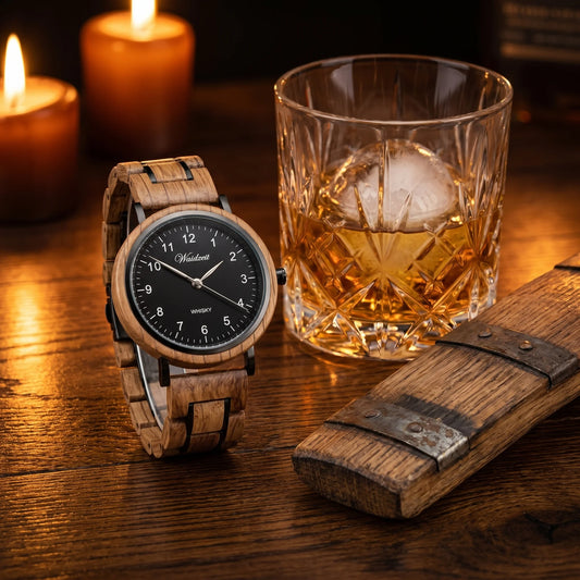 Pánske drevené hodinky Whisky Black – lifestylová fotografia pri kryštálovom pohári whisky na dubovom povrchu