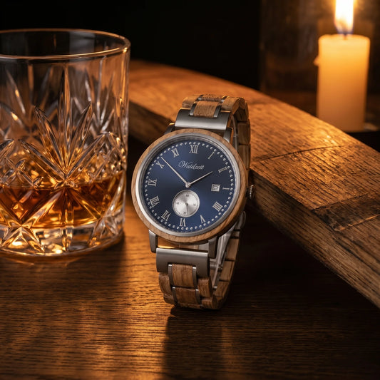 Pánske drevené hodinky Whisky James – lifestylová fotografia pri kryštálovom pohári whisky na dubovom povrchu