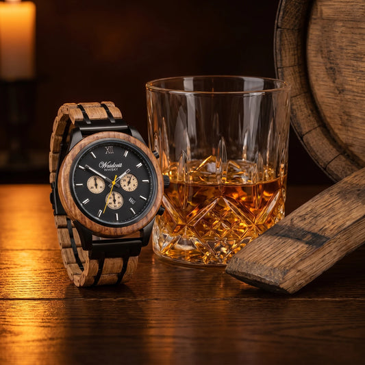Pánske drevené hodinky Whisky Scotts Highland – lifestylová fotografia pri kryštálovom pohári whisky na dubovom povrchu
