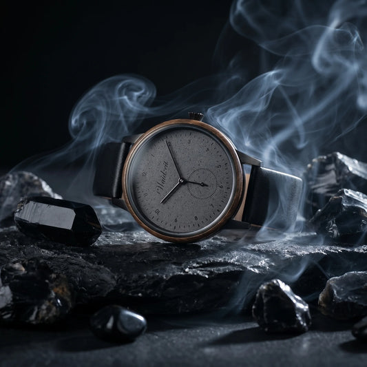 Unisex drevené hodinky Mystik Black Leather – lifestylová fotografia na tmavom kameni s mystickým závojom dymu