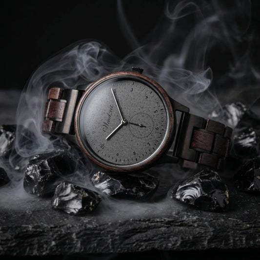 Unisex drevené hodinky Mystik Black – lifestylová fotografia na tmavom kameni s mystickým závojom dymu