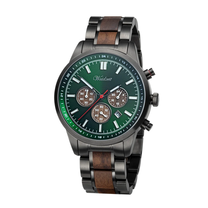 Pánske drevené hodinky Waidzeit Wisdom Chronograph – smaragdovozelený ciferník, orechové drevo a antracitová oceľ