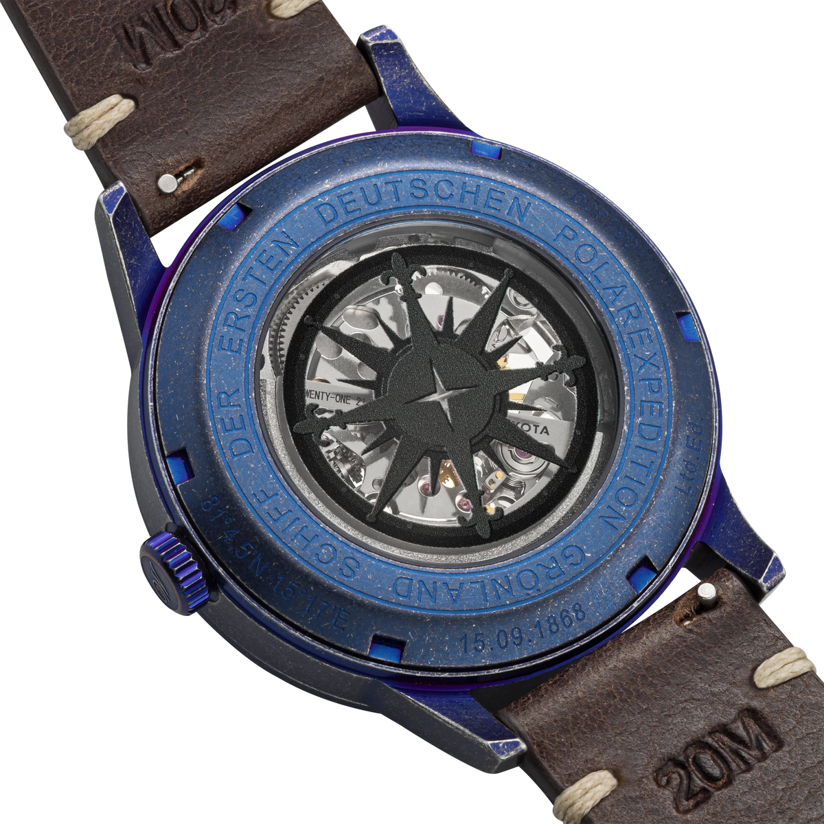 Automatické hodinky Waidzeit Grönland Vintage Blue – zadné veko s kompasom