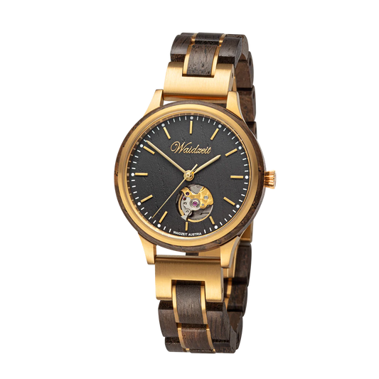 Dámske drevené automatické hodinky Waidzeit Mystik – luxusné hodinky z dubu močiarny so zlatými detailmi
