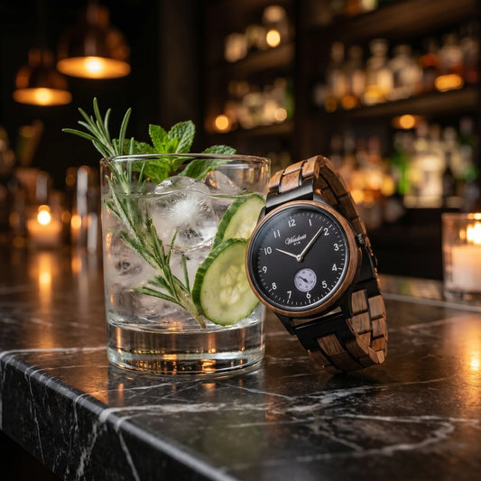 Dámske drevené hodinky Gin Black Berry – lifestylová fotografia pri džinovom koktaile s uhorkou, ľadom a bylinkami