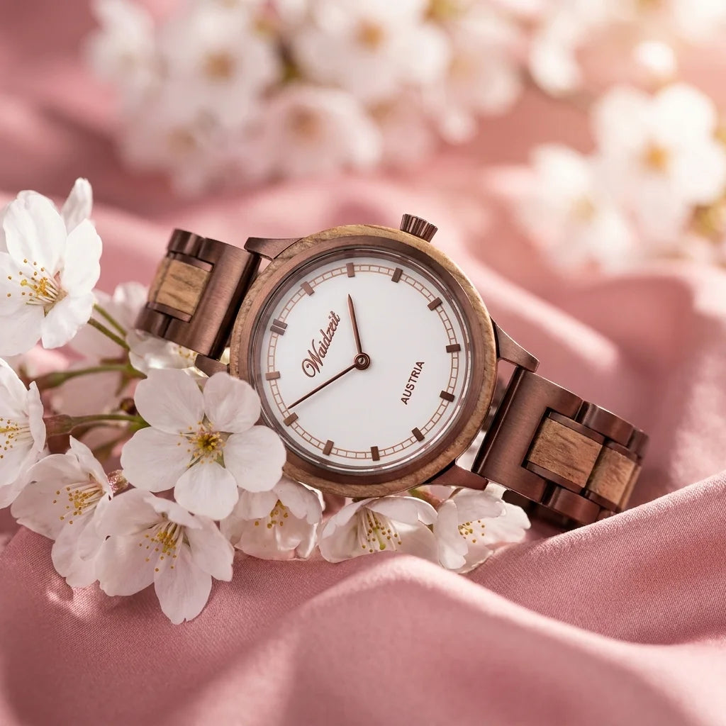 Dámske drevené hodinky Petite Bronze – lifestylová fotografia na bielych čerešňových kvetoch s hodvábnou látkou