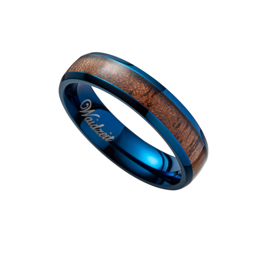 Dámsky drevený prsteň Waidzeit Harmonie Modrá oceľ & Orech – elegantný šperk inšpirovaný oceánom a prírodnou krásou
