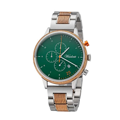 Drevené hodinky Waidzeit Chronograph Barista Verde z vínneho suda s elegantným zeleným ciferníkom a funkciou stopiek