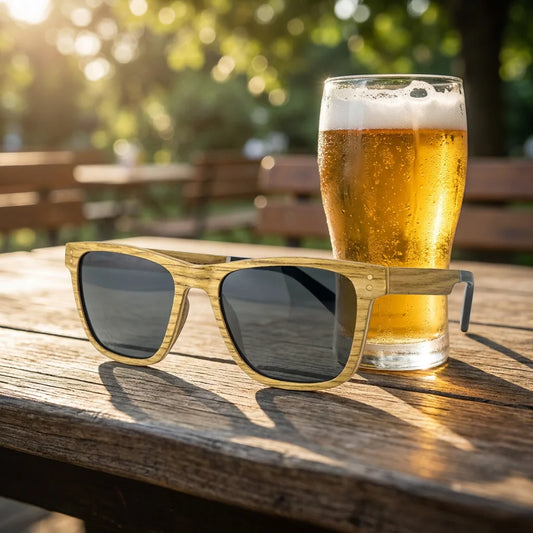 Bierfass – lifestylová fotografia v záhradnom pivovari pri pohári zlatého piva