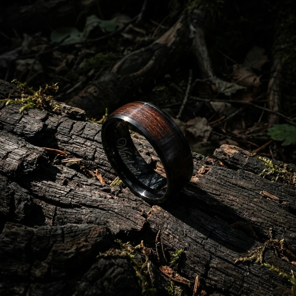Férfi fa gyűrű Waidzeit Harmonie Fekete acél & Mocsári tölgy a kézen – sötét erdei szépség