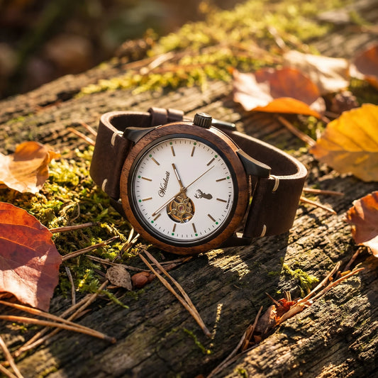 Pánske drevené automatické  hodinky GAMSKAR LEATHER – lifestylová fotografia na machom porastenom kmeňi obklopenom jesenným lístím