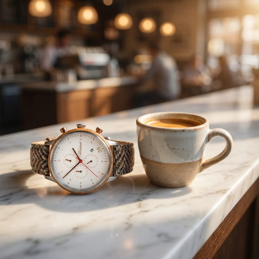 Pánske drevené hodinky Barista Bianco Tweed – lifestylová fotografia pri espresse na mramorovom kaviarníckom pulte