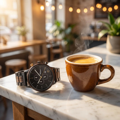 Pánske drevené hodinky Barista Oro – lifestylová fotografia pri espresse na mramorovom kaviarníckom pulte