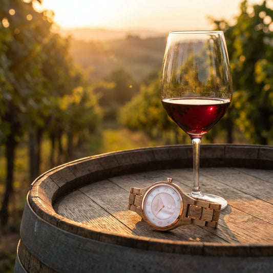 Pánske drevené hodinky Barrique Wine Rose – lifestylová fotografia pri kryštálovom pohári vína na dubovom sude