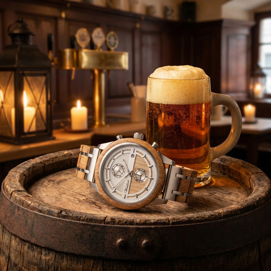 Pánske drevené hodinky Beer Silver – lifestylová fotografia pri tradičnom pivnom krígli so zlatistou penou