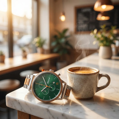 Pánske drevené hodinky Chronograph Barista Verde – lifestylová fotografia pri espresse na mramorovom kaviarníckom pulte