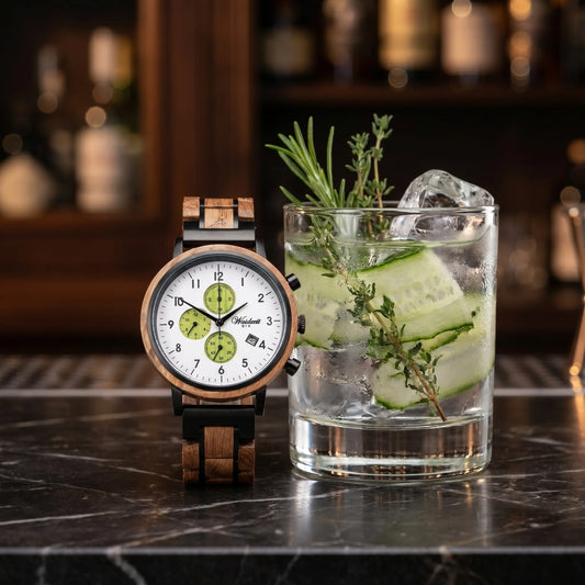 Pánske drevené hodinky Gin Cucumber – lifestylová fotografia pri džinovom koktaile s uhorkou, ľadom a bylinkami