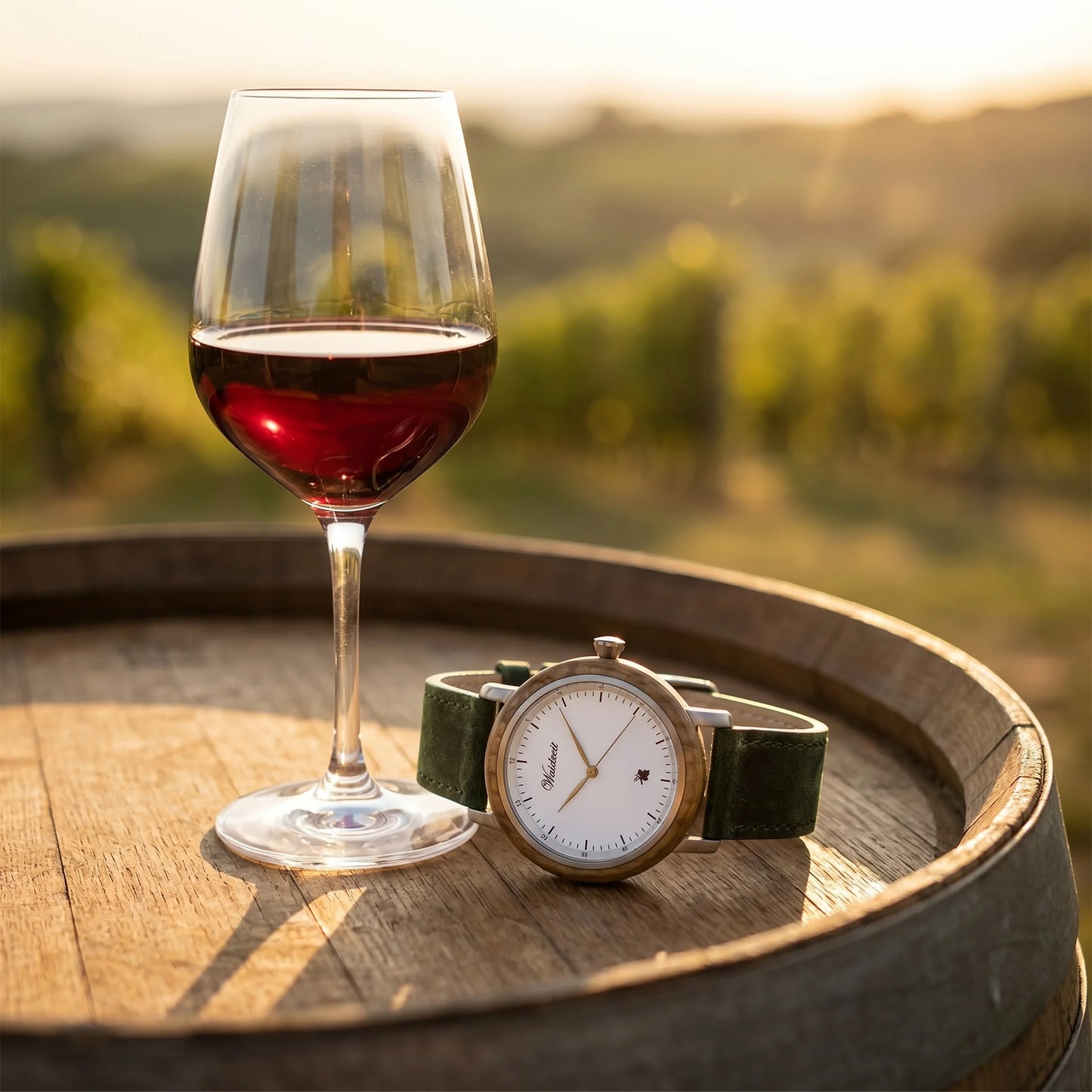 Pánske drevené hodinky Grapevine Zelené – lifestylová fotografia pri kryštálovom pohári vína na dubovom sude