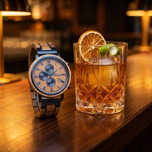 Pánske drevené hodinky RUM – lifestylová fotografia pri elegantnom koktaile rum s citrusovou ozdobou