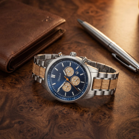 Pánske drevené hodinky Strength Chronograph – lifestylová fotografia na tmavom drevenom stole pri koženej peňaženke