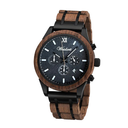 Pánske drevené hodinky Waidzeit Chronograf Alpinist z orechového dreva s bridlicovým ciferníkom a zlatou sekundovou ručičkou
