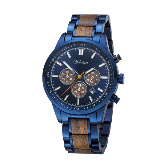 Pánske drevené hodinky Waidzeit Confidence Chronograph – spojenie modrej ocele a orechového dreva v charizmatickom dizajne