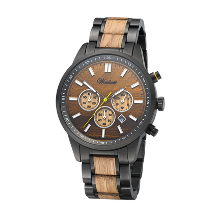 Detail pánskych drevených hodiniek Waidzeit Courage Chronograph – ciferník s efektom tigrieho oka a zafírové sklíčko