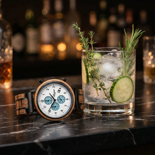 Partnerské drevené hodinky Gin White Ice – lifestylová fotografia pri džinovom koktaile s uhorkou, ľadom a bylinkami