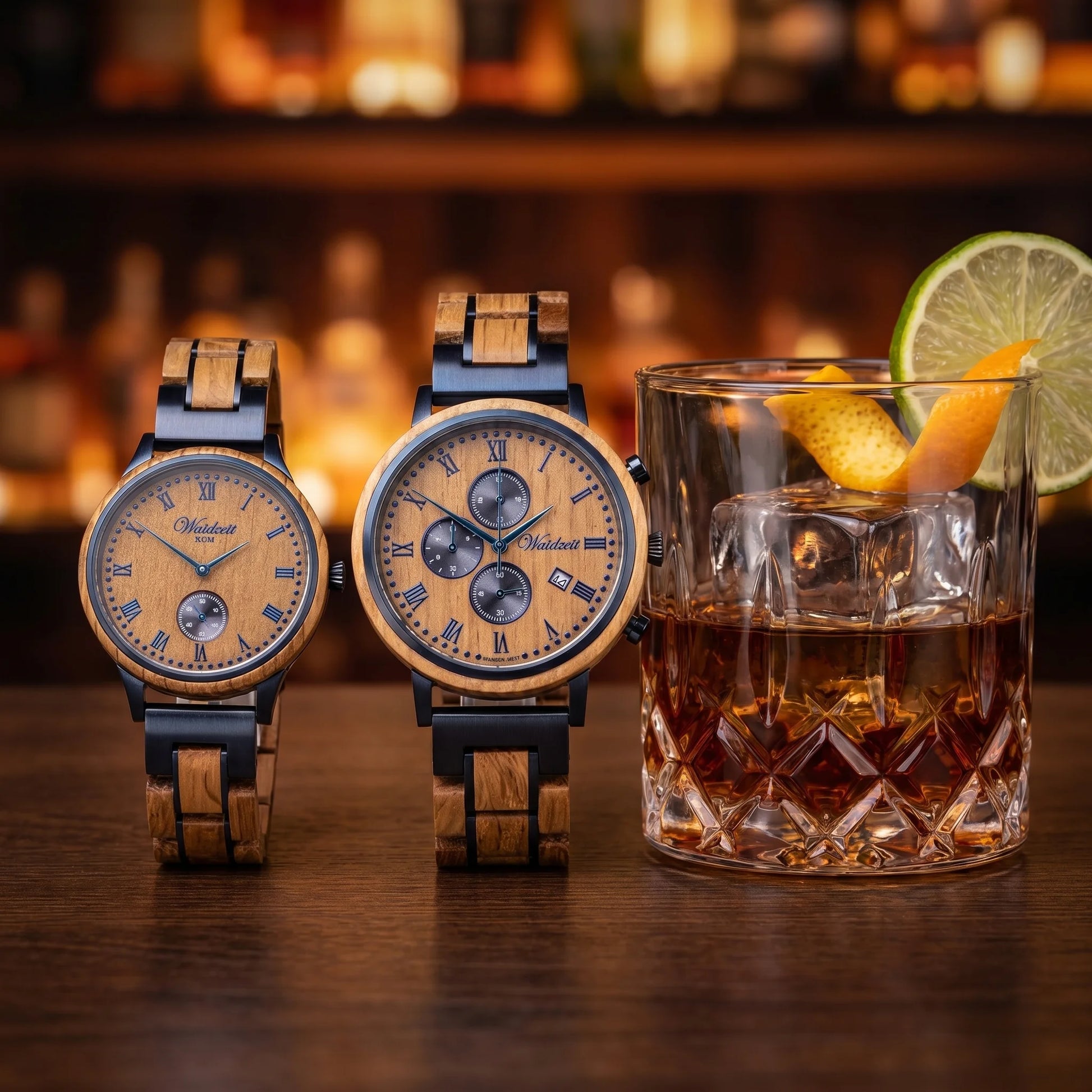 Partnerské drevené hodinky RUM – lifestylová fotografia pri elegantnom koktaile rum s citrusovou ozdobou