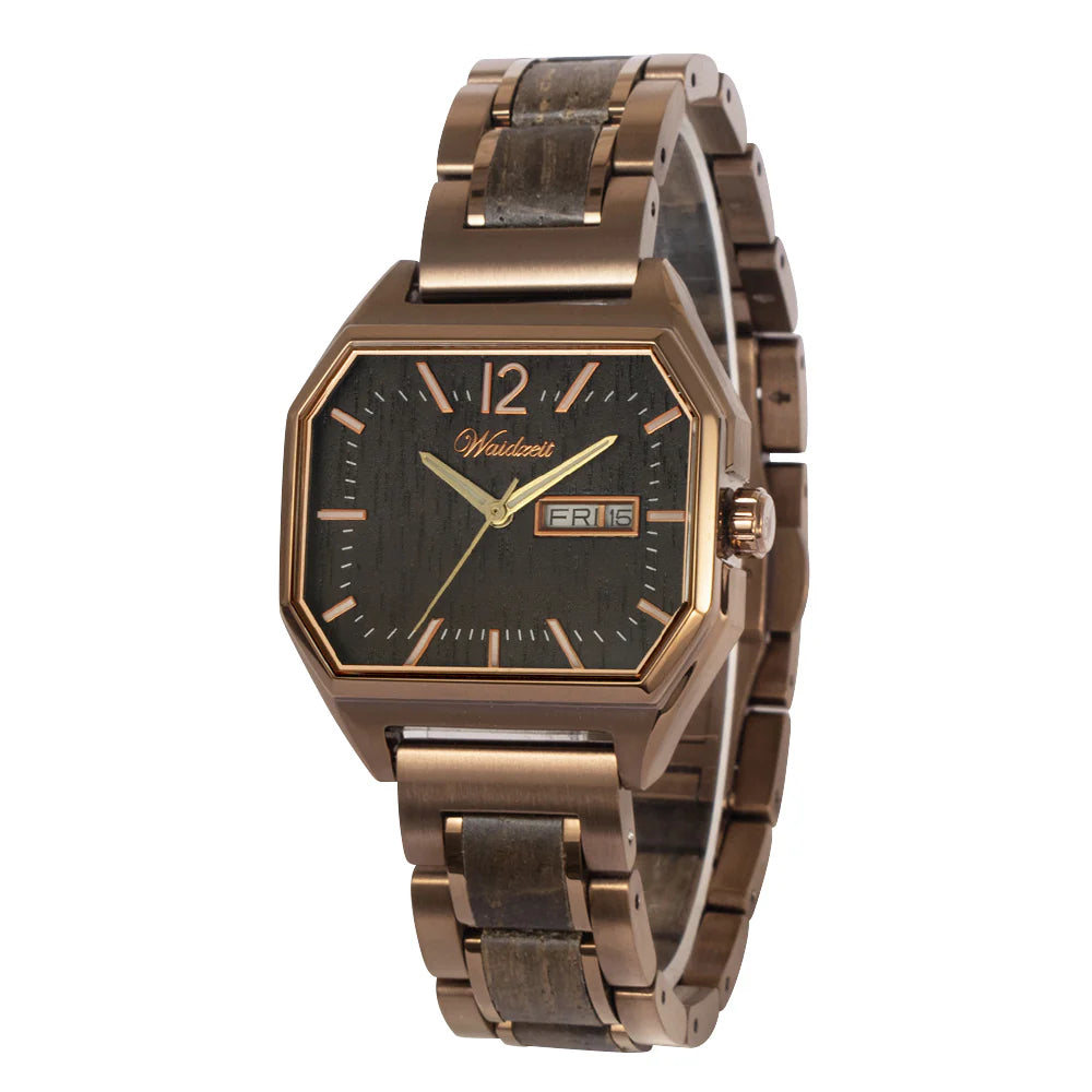 Drevené hodinky Waidzeit Metropolitan Berlín z rašelinového duba a nehrdzavejúcej ocele v elegantnom bronzovom prevedení – symbol udržateľného mestského štýlu