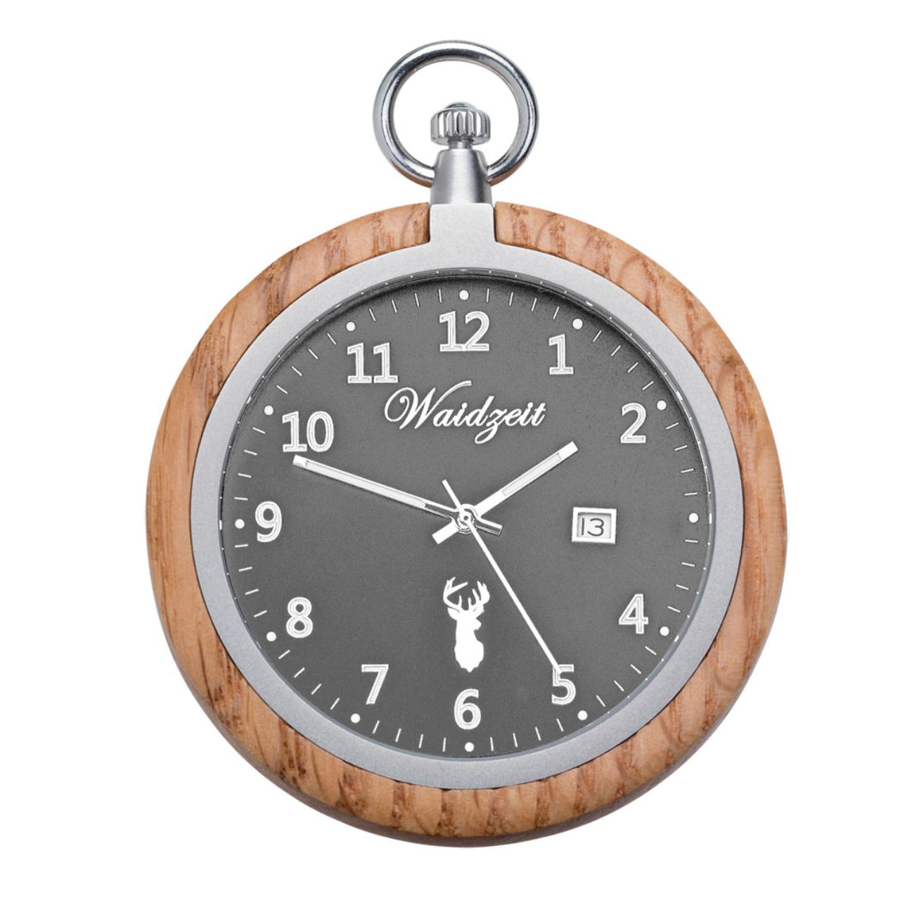 Drevené vreckové hodinky Waidzeit Grand Classic z dubového dreva s antracitovo sivým ciferníkom – elegantný doplnok pre pravého gentlemana